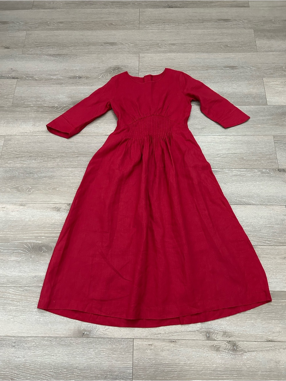 YLISTYLE Red Linen Maxi Dress - Raspberry Fit & Flare with Pintuck Pleated Waist - Picture 8 of 11